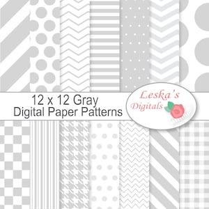 Puede incluir: Doce patrones de papel digital de 12x12 pulgadas en tonos grises. Los patrones incluyen rayas, lunares, chevrones, cuadros vichy y pata de gallo.