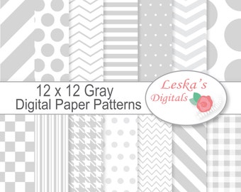 Gray Digital Paper, Scrapbook Patterns, Grey Digital Paper, Light gray patterned paper sheets 12 x 12 - Gray backgrounds - Commercial use