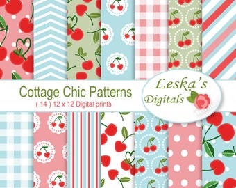 Red White and Blue digital paper pack of shabby chic, cherry designs with cottage chic patterns of polka dots, gingham, chevron, and stripes