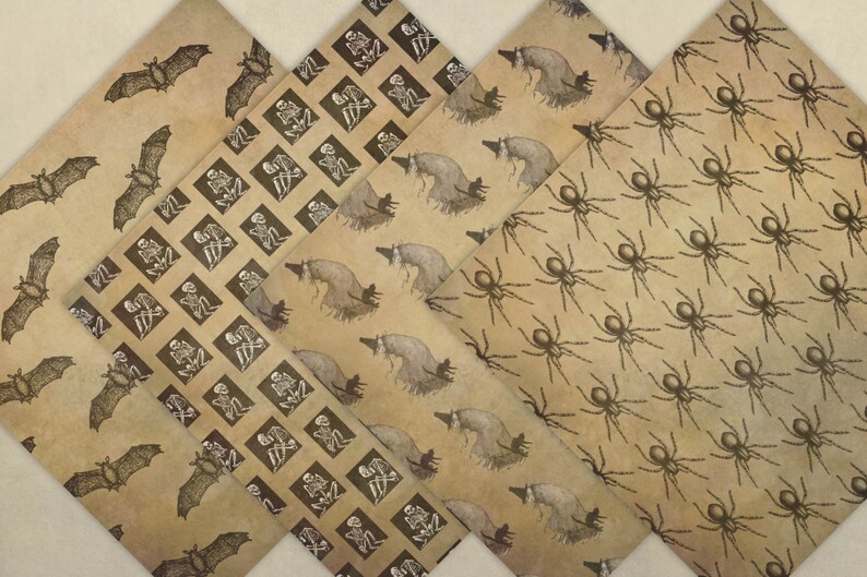 May include: Four sheets of brown patterned paper with Halloween themes. One sheet has a repeating pattern of bats, another has a repeating pattern of skeletons, another has a repeating pattern of witches on brooms, and the last sheet has a repeating pattern of spiders.