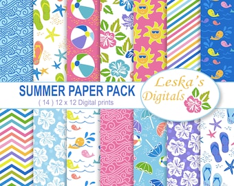 Summer Paper Pack, Beach Digital Paper, Summer Vacation Digital Paper, Hibiscus, Flip Flops, Beach Ball, Ocean Waves, Beach Umbrella, Fish