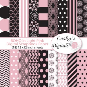 Pink Digital Scrapbook Paper, Pink Black Digital Paper, patterned boho paper, digital scrapbooking, Pink Black Printable Backgrounds