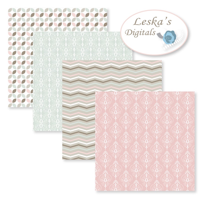 Pu&ograve; includere: Quattro motivi di carta digitale in un set. I motivi sono un design geometrico con cerchi marroni e rosa, un motivo verde chiaro con un design bianco, un motivo chevron con strisce marroni, rosa e verde chiaro e un motivo rosa con un design floreale bianco. Il testo "Leska's Digitals" &egrave; in un cerchio bianco con un contorno rosa.
