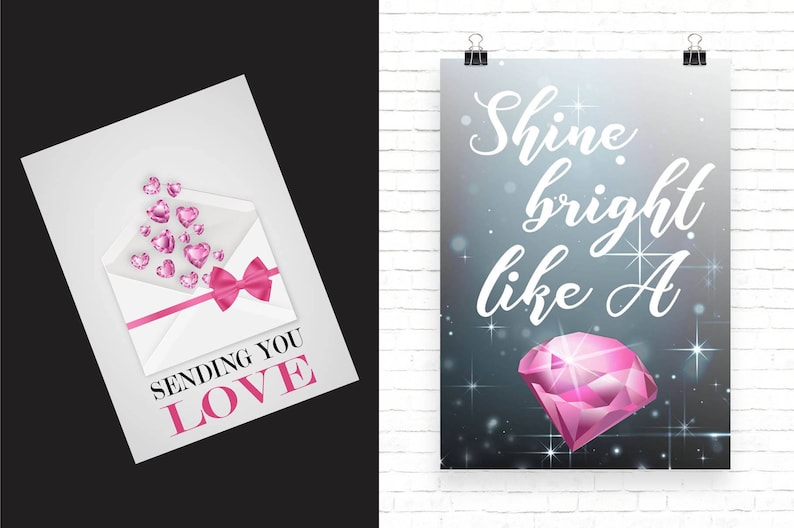 May include: Two greeting cards in pink and white. The first card shows a white envelope with pink hearts spilling out and a pink bow. The text on the card reads "Sending you love". The second card features a large pink diamond with a sparkly background and the text "Shine bright like a".