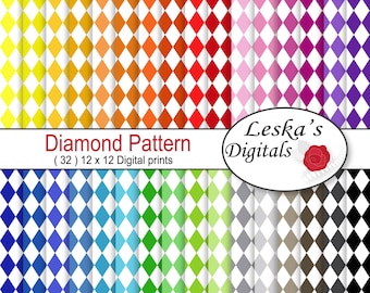 Harlequin Scrapbooking Paper: "DIAMOND DIGITAL PAPERS" Jewel Tone Digital Paper - Instant download - 32 colors
