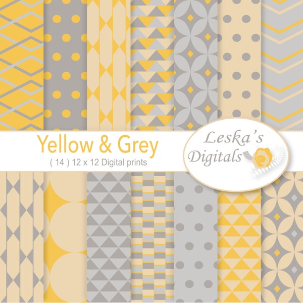 Yellow and grey digital paper, background paper, yellow and grey patterned paper, scrapbook paper for commercial use