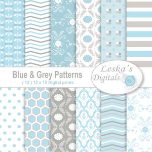 Blue gray digital papers "BABY BOY" Blue grey scrapbooking backgrounds papers, baby shower, baby baptism, nursery room