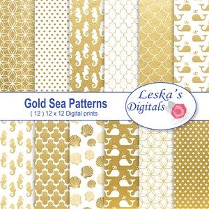 May include: Twelve digital paper patterns in gold and white featuring sea life designs. The patterns include seashells, seahorses, whales, polka dots, and geometric designs. The text "Gold Sea Patterns (12) 12 x 12 Digital prints" and "Leska's Digitals" are included in the image.