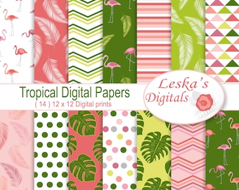 Flamingo digital paper "Tropical Flamingo" pattern design, Tropical backgrounds scrapbooking, Tropical Digital Paper Pack, Tropical Wedding