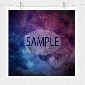 May include: A watercolor painting of a galaxy with purple, blue, and black colors. The word "SAMPLE" is written in a white circle in the center of the image.