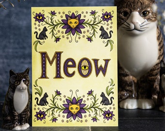 Meow Note Card for Cat Lovers, Altar Decor, Art Print, Postcard