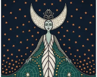 Queen of the Night - Fine Art Giclée Print on Archival Watercolor Paper - Witch Folk Art