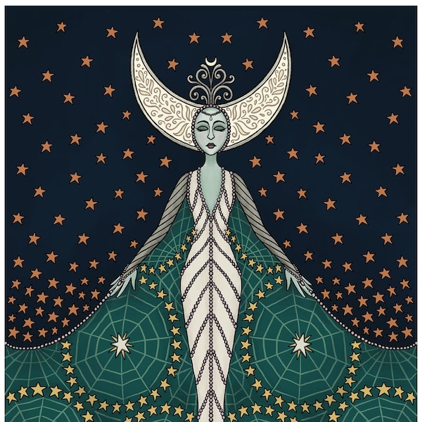 Queen of the Night - Fine Art Giclée Print on Archival Watercolor Paper - Witch Folk Art