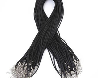 May include: A bulk pack of 50 black cord necklaces with silver lobster clasps. Each necklace is approximately 18 inches long.