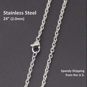 May include: A silver stainless steel chain necklace, 24 inches long and 2.0 mm thick, with a lobster clasp.