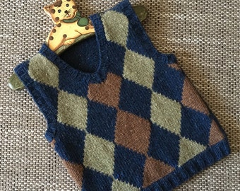 Shetland Wool Vest, Argyle Vest, Baby boys knit vest in soft wool