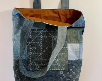 Up-cycled Demin Tote Bag, Sashiko embroidery; Eco friendly tote bag