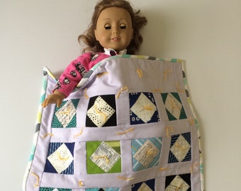 Doll quilt; hand tied cool color doll blanket