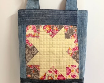 Quilt block tote bag, Denim chunky handle bag, hot pink scrappy star