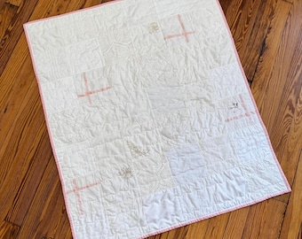 Textured white and cream colored baby quilt, Patchwork handkerchief quilt