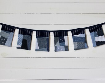 Denim sashiko embroidered pocket banner