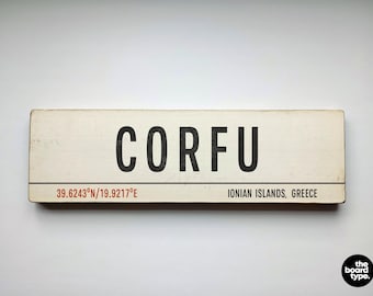 Handmade Corfu Greece Wooden Travel Sign: Vintage Retro Style