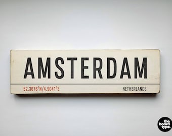 Handmade Amsterdam City Wooden Sign: Aged Finish (12cm x 40cm)