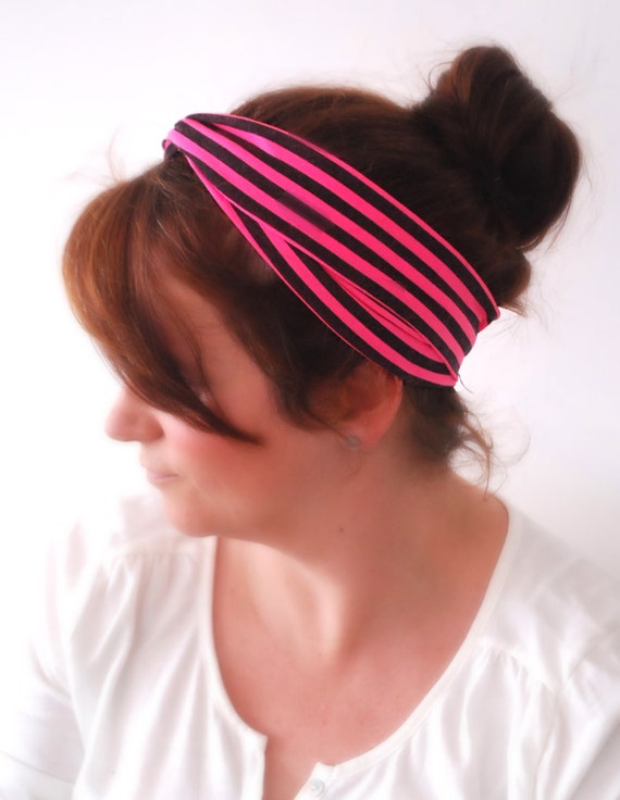 Items similar to Hot PINK and BLACK Striped Turban Headband Striped ...