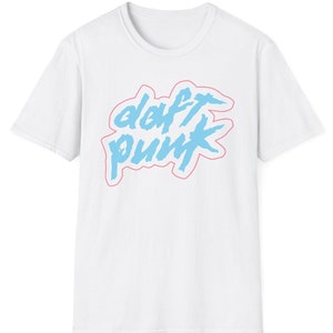 Daft Punk Shirt Logo White Tee Shirt Daft Punk Blue Pink Logo Black TShirt 80&#39;s Style T-Shirt
