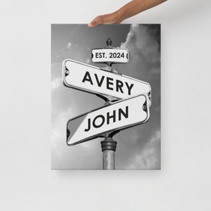 Personalized Name Vintage Street Sign Canvas Poster Print Wall Art, Custom Name Crossroad Intersection, Engagement Wedding Present Gift