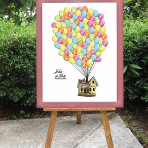 Up Guest Book Alternative Disney Pixar Up House Guestbook Alternative Wedding - Flying Floating House Balloons Modern Guestbook Sign Poster