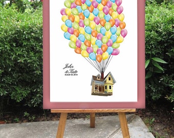 Up Guest Book Alternative Disney Pixar Up House Guestbook Alternative Wedding - Flying Floating House Balloons Modern Guestbook Sign Poster