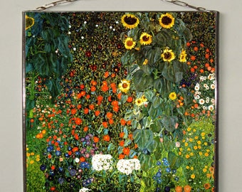 Gustav Klimt - Die Sonnenblume, Glasmalerei und Druck auf Leinwand. Leinwand 280 g/m² (matt)Preis für beide.Geschenk