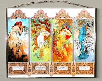 Alphonse Mucha - Four Seasons: Spring, Summer, Autumn, Winter, Stained glass and printon canvas. Present, Gift