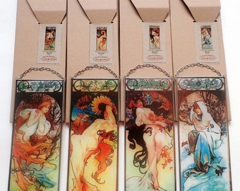 8x Alphonse Mucha - Four Seasons: Spring, Summer, Autumn, Winter. 4x Stained glass and 4x Print on canvas (Price for all)Present.Gift.