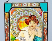 Alphonse Mucha - Topaz. Stained glass and printing on Canvas