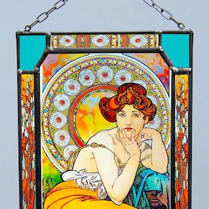 Alphonse Mucha - Topaz.1x Stained glass and 1x Printing on canvas. Art Nouveau. Present.Gift.