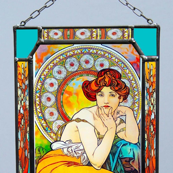 Alphonse Mucha - Topaze. Vitrail et impression sur toile. Art nouveau. Cadeau.cadeau