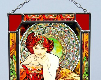 Alphonse Mucha - Emerald,stained Glass and Printing on Canvas