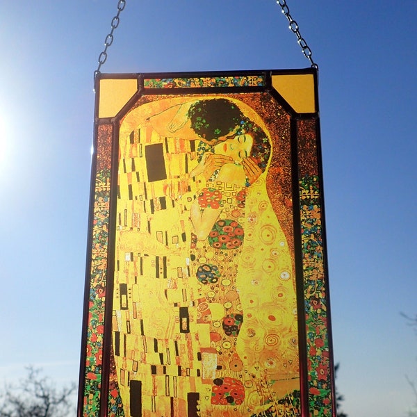 Gustav Klimt - The Kiss. Stained glass and print on canvas (280 gsm thick canvas, matte).Present.Gift.