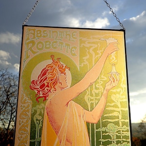Alphonse Mucha - Absinthe Robette. Vitrail et impression sur toile. Prix pour les deux. Art nouveau. Cadeau, cadeau.