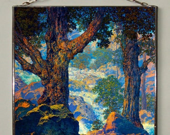 Maxfield Parrish - Cascades,Quiet Solitude, Stained glass and print on canvas (280 gsm thick canvas)Present.Gift