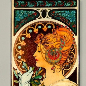 Alphonse Mucha - Plume, Art nouveau, vitrail et impression sur toile. Cadeau.