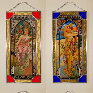 8x Alphonse Mucha - Day,Morning,Evening,Night, 4x Stained glass and 4x print on canvas. Print Art Nouveau.(Price for all)Present.Gift.