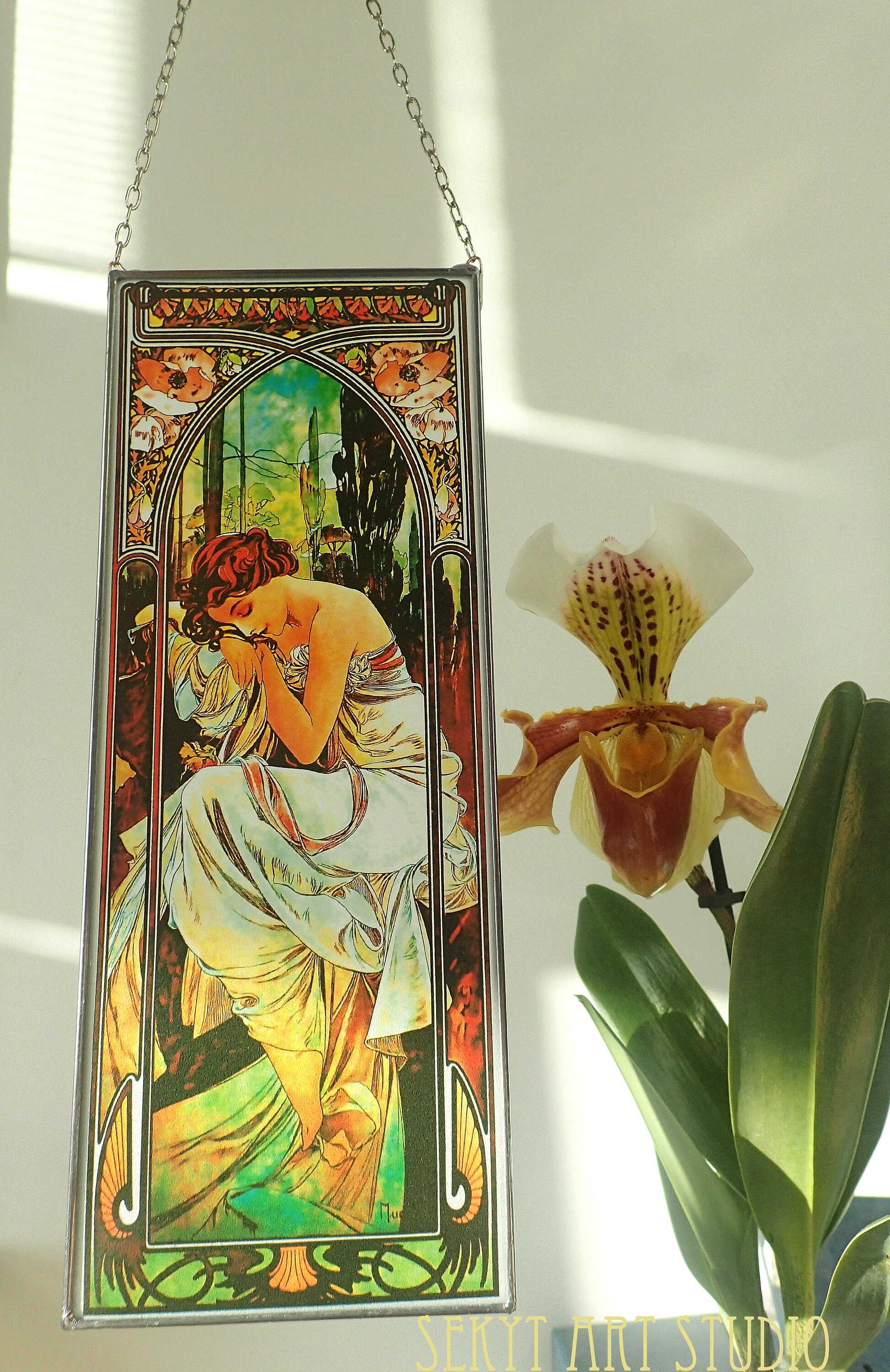 Art Nouveau Stained Glass Lampアルフォンスミュシャ Alphonse Mucha - Night II., Stained Glass + Canvas, (canvas