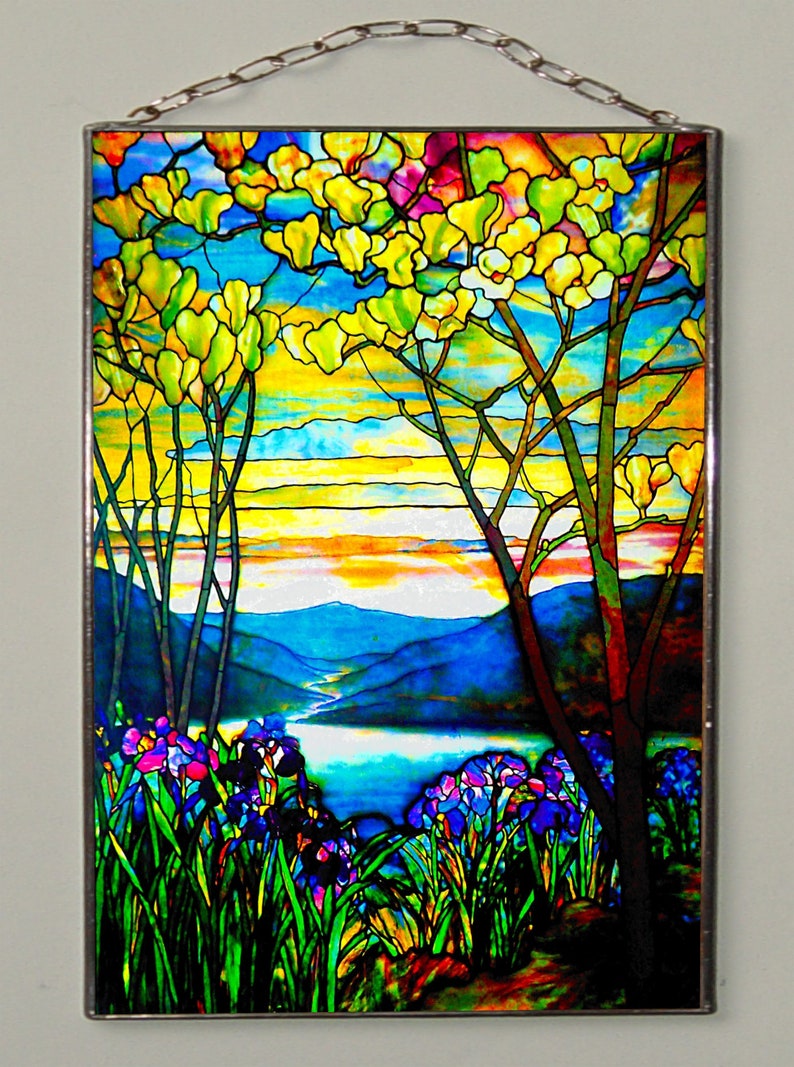 Louis Comfort Tiffany-Magnolia trees and irises.Stained glass and printing on canvas.280gsm thick canvas(matte).PresentGift,Vac until Oct 10 