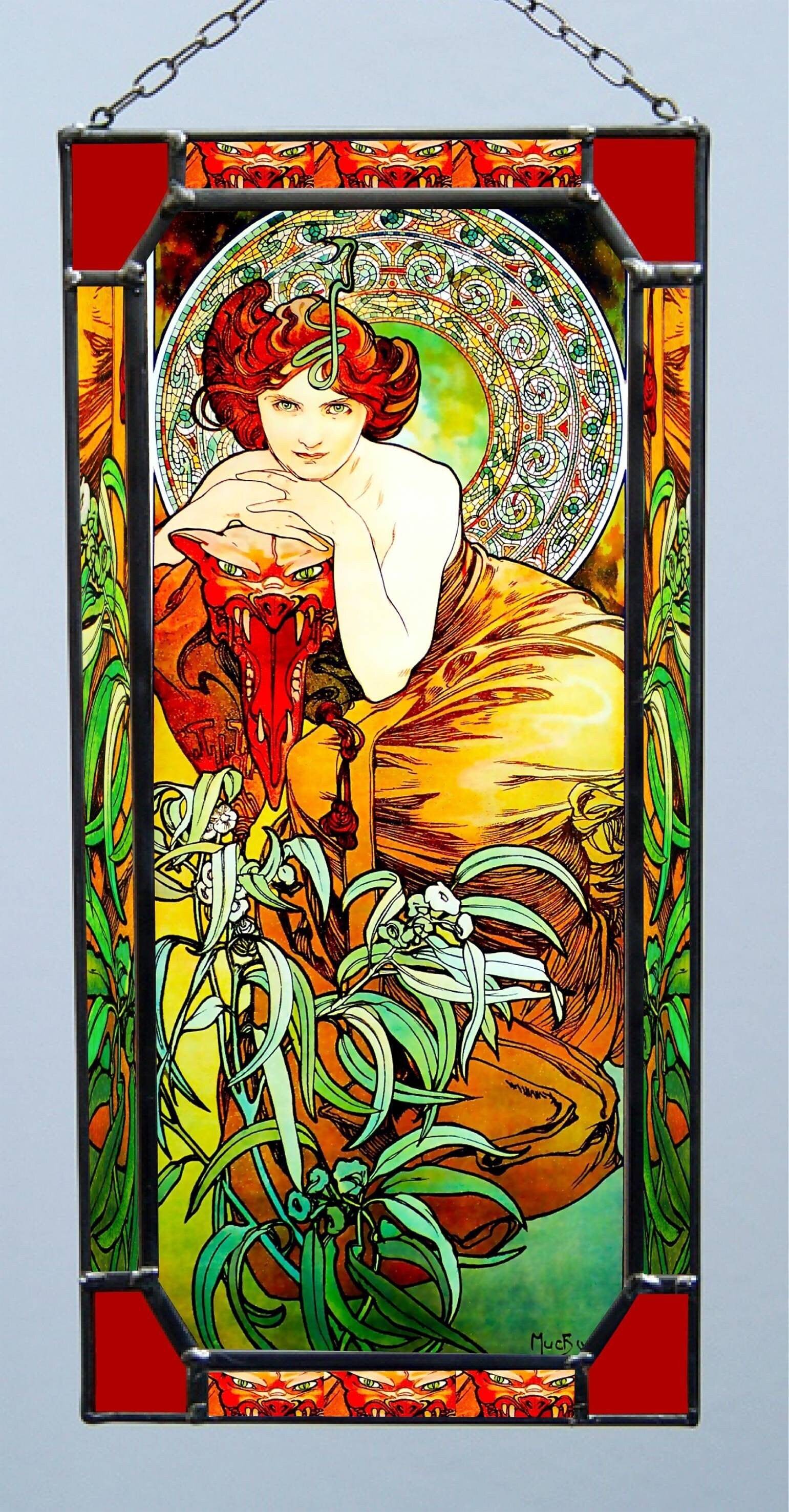 Art Nouveau Stained Glass Lampアルフォンスミュシャ Alphonse Mucha - Emerald,stained Glass and Printing on Canvas