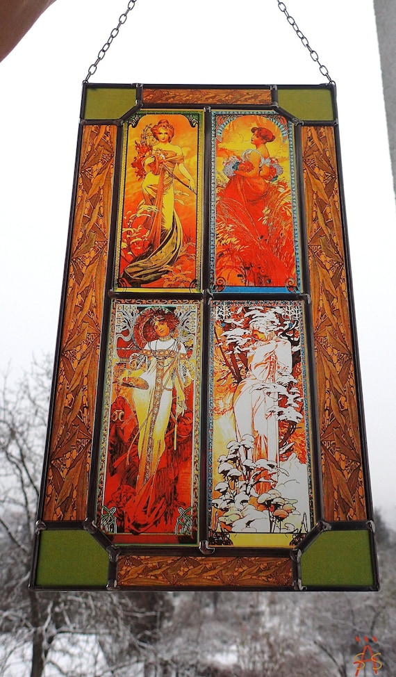 アルフォンス・ミュシャ ガラスパネル4枚セット アルフォンス