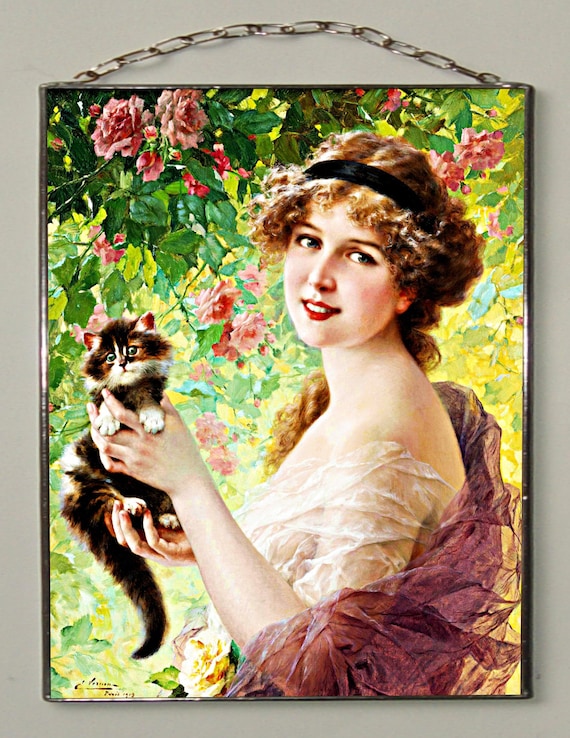 Emile Vernon Lady Kitten Stained Glass Print – Vintage Art Canvas (280gsm Matte)