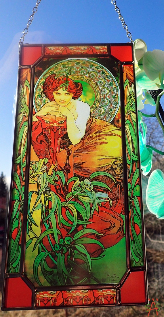 Art Nouveau Stained Glass Lampアルフォンスミュシャ Alphonse Mucha - Emerald,stained Glass and Printing on Canvas